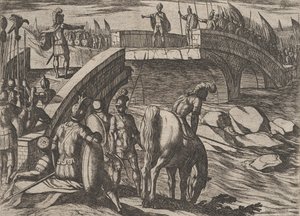 Levy 36: Civilis ja Cerialis tapaavat rikkoutuneella sillalla päästäkseen sopimukseen, The War of..., 1611. tekijältä Antonio Tempesta