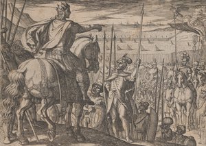 Levy 3: Aleksanteri neuvomassa sotilaita, Aleksanteri Suuren teoista, 1608. tekijältä Antonio Tempesta