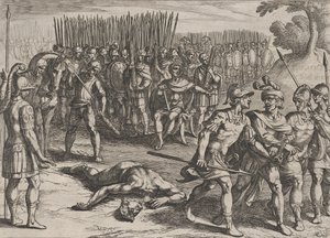 Levy 3: Claudius Civilis pidätetty ja hänen veljensä Paulus mestattu, elokuvasta The War of the Ro..., 1611. tekijältä Antonio Tempesta