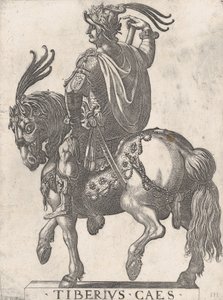 Levy 3: Keisari Tiberius hevosen selässä, teoksesta "Kaksitoista ensimmäistä roomalaista keisaria", 1596. tekijältä Antonio Tempesta