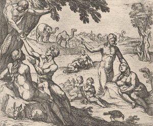Levy 3: Kulta-aika Aetas aurea, Ovidiuksen teoksesta Metamorphoses, 1606. tekijältä Antonio Tempesta