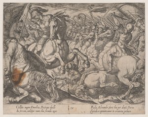 Levy 4: Aleksanteri taistelee persialaisia vastaan, Aleksanteri Suuren teoista, 1608. tekijältä Antonio Tempesta