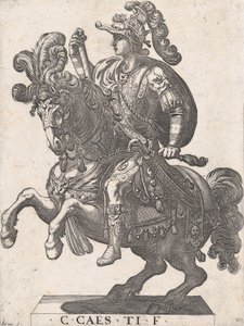 Levy 4: Keisari Gaius hevosen selässä, teoksesta "Kaksitoista ensimmäistä roomalaista keisaria", 1596. tekijältä Antonio Tempesta