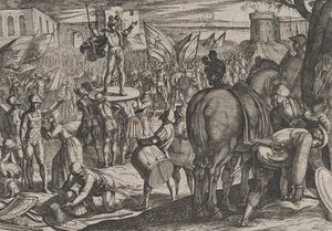 Levy 5: Bruno nimitetty kaninefaattien johtajaksi, teoksesta The War of the Rooms Against the..., 1611. tekijältä Antonio Tempesta