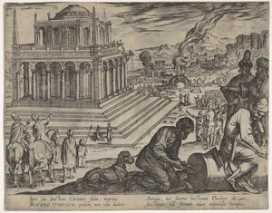 Levy 5: Mausoluksen hauta, kivimuurarit tekevät pylvään oikealle, Seitsemästä ihmeestä..., 1608. tekijältä Antonio Tempesta