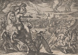 Levy 6: Darius pakenemassa taistelukentältä, Aleksanteri Suuren teoista, 1608. tekijältä Antonio Tempesta