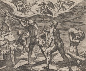 Levy 6: Jättiläiset yrittävät hyökätä Olympus Gigantomachiaa, Ovidiuksen teoksesta Metamorphose..., 1606. tekijältä Antonio Tempesta