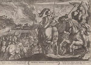 Levy 7: Egyptiläiset jahtaamassa israelilaisia, julkaisusta The Battles of the Old..., n. 1590-n. 1610. tekijältä Antonio Tempesta