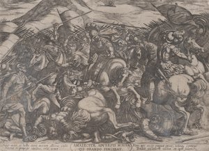 Levy 9: Israelilaiset taistelemassa amalekilaisia vastaan, julkaisusta The Battles of the Old..., n. 1590-n. 1610. tekijältä Antonio Tempesta