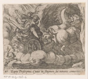 Pluto nielee nymfi Cyanesta kuolevan Proserpinan Proserpinan sieppaama Cyane muutetaan omaksi altaaksi (otsikko esineessä) Metamorfoosi tai muunnokset (sarjan nimi) Metamorfosen van Ovidius (sarjan nimi) tekijältä Antonio Tempesta