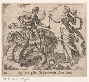 Triptolemus ontagunt de wagon van Ceres Ceres opettaa Triptolemukselle sadon (otsikko esineessä) Metamorfoosi tai muunnokset (sarjan nimi) Metamorfosen van Ovidius (sarjan nimi) tekijältä Antonio Tempesta