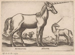 Kaksi yksisarvista ja leijona Monocerons/ Allicorno (otsikko esineessä) Eläimet ja myyttiset olennot (sarjan nimi) Nova raccolta de li animali piu curiosi del mondo (sarjan nimi) tekijältä Antonio Tempesta