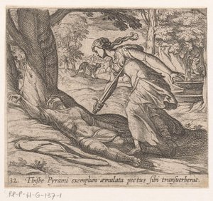 Zelfmoor van Thisbe Thijsbe oli poikittanut rintansa Pyramuksen esimerkin mukaan (otsikko esineessä) Metamorfoosi tai muunnokset (sarjan nimi) Metamorfosen van Ovidius (sarjan nimi) tekijältä Antonio Tempesta