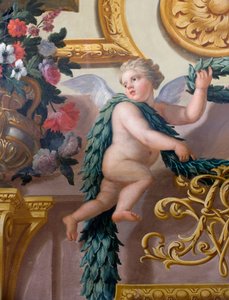 Yksityiskohta seinämaalauksesta, jossa kerubi pitelee laakeriseppelettä ja seppelettä, The Banqueting House
