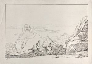 Vuoristoinen maisema, jossa kaksi miestä etualalla, 1828. tekijältä Antonio Vianello