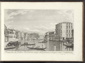 Gezicht op het Canal Grande, Palazzo Bembo en Palazzo Vendramin-Calergi te Venetië Näkymä Bembon taloihin Grimanos Calergiosiin asti, nyt Vendramenos (otsikko esineessä) Kuuluisempia näkymiä Venetsian kaupunkiin Antoniuksen kanavan paneeleista 38 aer tekijältä Antonio Visentini