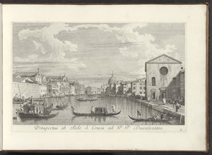 Gezicht op het Canal Grande, de Santa Maria di Nazareth ja de San Simeone Piccolo te Venetië Näkymä Pyhän Ristin talosta P. P. Discalceatosille (otsikko esineessä) Kuuluisimmat näkymät Venetsian kaupunkiin Antoniuksen kanavan 38 paneelista, messingillä pai tekijältä Antonio Visentini