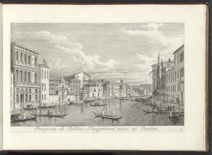 Gezicht op het Canal Grande ja Palazzo Flangini te Venetië Näkymä Flanginosin taloilta Bembosiin (otsikko esineessä) Kuuluisimmat näkymät Venetsian kaupunkiin, Antonius Canalin 38 paneelista, Antonio Vissentinin messingillä painettu kolmessa osassa tekijältä Antonio Visentini