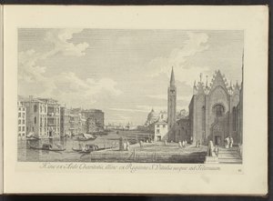Gezicht op het Canal Grande en de Chiesa di Santa Maria della Carità te Venetië Tällä puolella Charityn talosta, toisella puolella S. Vitalisin alueelta Teloniumiin asti (nimi esineessä) Kuuluisimmat näkymät Venetsian kaupunkiin Antonius-kanavan 38 paneeli tekijältä Antonio Visentini