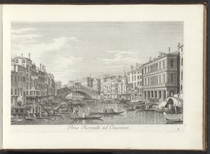 Gezicht op het Canal Grande en de Rialtobrug te Venetië Rivoaltin silta itään (otsikko esineessä) Kuuluisimmat näkymät Venetsian kaupunkiin, Antonius Canalin 38 paneelista, jotka on painettu Antonio Vissentinin messingille, jaettu kolmeen osaan. toinen osa tekijältä Antonio Visentini