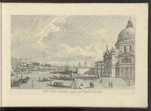 Gezicht op het Canal Grande en de Santa Maria della Salute te Venetië Pelastuksen talosta kanavan päähän (otsikko esineessä) Kuuluisimmat näkymät Venetsian kaupunkiin, Antonius Canalin 38 paneelista, Antonio Vissentinin messingille painettu kolmessa osassa