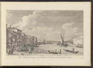 Gezicht op het Canal Grande en de kerk de Santa Chiara te Venetië Pesulasta St. Claren taloon, jossa kanava päättyy (otsikko esineessä) Kuuluisimmat näkymät Venetsian kaupunkiin, Antonius-kanavan 38. paneelista, Antonio Vissentinin messingillä painettu vuo tekijältä Antonio Visentini