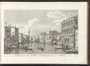 Gezicht op het Canal Grande en de toren van de San Vitale te Venetië Näkymä Corneliuksen talolta St. Vitaliin (otsikko esineessä) Kuuluisimmat näkymät Venetsian kaupunkiin, Antonius Canalin 38 paneelista, Antonio Vissentinin puupainatus tekijältä Antonio Visentini
