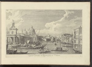 Gezicht op het Canal Grande te Venetië Kanavan pää ja kaupungin sisäänkäynti (otsikko esineessä) Kuuluisimmat näkymät Venetsian kaupunkiin, Antonius Canalin 38 paneelista, jotka on painettu Antonio Vissentinin messingille, jaettu kolmeen osaan. osa yksi (s