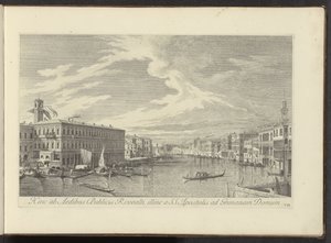 Gezicht op het Canal Grande te Venetië Sieltä Rivoaltin julkisiin taloihin, toiselle puolelle SS:tä. Apostolit Grimana-taloon (otsikko esineessä) Kuuluisimmat näkymät Venetsian kaupunkiin, Antonius Canalin 38 messinkipaneelista, Antonio Vissentinin painama tekijältä Antonio Visentini