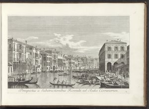 Gezicht op het Canal Grande te Venetië Näkymä Rivoaltin alirakenteilta Aedes Civranorumille (otsikko esineessä) Kuuluisimmat näkymät Venetsian kaupunkiin, Antonius Canalin 38 paneelista, jotka on painettu Antonio Vissentinin messingille, jaettu kolmeen osa