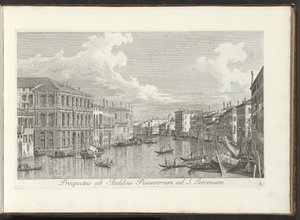 Gezicht op het Canal Grande te Venetië Näkymä Pisan talolta Pyhälle Jeremialle (otsikko esineessä) Kuuluisimmat näkymät Venetsian kaupunkiin, Antonius Canalin 38 paneelista, jotka on painettu Antonio Vissentinin messingille, jaettu kolmeen osaan. toinen os