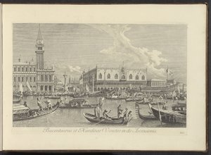 Gezicht op het Canal Grande te Venetië ja Bucintoro van de doge Bucentaurus ja Nundinae Venetae taivaaseenastumispäivänä (otsikko esineessä) Kuuluisimmat näkymät Venetsian kaupunkiin, Antonius Canalin 38 paneelista, Antonio Vissentinin painettuna. tekijältä Antonio Visentini
