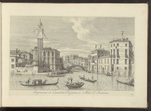 Gezicht op het Cannaregio en Palazzo Labia te Venetië Sisäänkäynti kuninkaalliseen kanavaan Pyhän Jeremian talosta (otsikko esineessä) Kuuluisimmat näkymät Venetsian kaupunkiin Antonius Canalin 38 paneelista, jotka on painettu ilmaan Antonio Vissentini, ja tekijältä Antonio Visentini