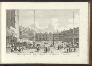 Gezicht op het San Marcoplein te Venetië Pyhän Markuksen esitteen laajempi alue St. Jeminianin temppeliin (otsikko esineessä) Gezichten op bugemenen en pleinen in Venetië (sarjan nimi) Kuuluisimmat näkymät Venetsian kaupunkiin Antonius-kanavalta, 38 ilmapa tekijältä Antonio Visentini