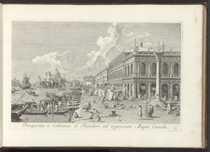 Hoek van het San Marcoplein ja Biblioteca Marciana Näkymä St. Theodoren pylväästä Canal Granden sisäänkäynnille (otsikko esineessä) Kuuluisimmat näkymät Venetsian kaupunkiin, Antonius Canalin 38 messinkipaneelista, Antonio Vissentinin painama osissa t tekijältä Antonio Visentini