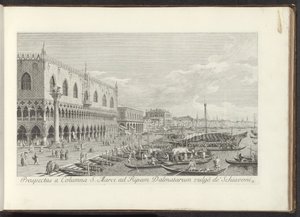 Hoek van het San Marcoplein met het Dogepaleis en de zuil met de Leeuw van Venetië Näkymä Pyhän Markuksen pylväästä Dalmatia vulgò de
