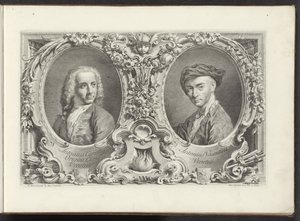 Portretten van artists Canaletto ja Antonio Visentini Kuuluisimmat näkymät Venetsian kaupunkiin, Antonius Canalin 38 paneelista, jotka on painettu Antonio Vissentinin messingille, jaettu kolmeen osaan. osa yksi (sarjan nimi) Gezichten op grote kanalen in V