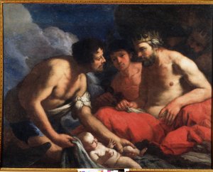 Palamedes ja Odysseus Telemachuksen (?) vauvan kanssa (Palamedes ja Odysseus). Antonio Zanchin (1631-1722) maalaus. Öljy kankaalle