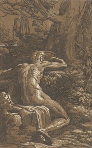 Mies istuu Narcissuksen takaa katsottuna, n. 1527-30. tekijältä Antonio da Trento