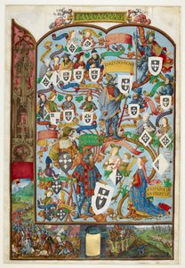 Portugalin kuninkaiden sukupuu, joka näyttää syntyperän Sancho Capellosta ja Alfonso III:sta. Alempi marginaali: Saladon taistelu vuonna 1340 tekijältä Antonio de Hollanda