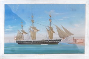 Purjeavusteinen höyryalus HMS "Immortalite" ankkuroituna lähelle rannikkoa, jossa on taisteluvalleja. tekijältä Antonio de Simone