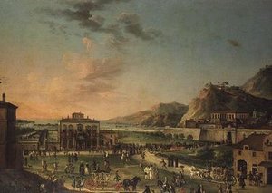 Capriccio-panoraama Kaarle III:n kahden Sisilian kuninkaan matkasta Porticin huvilasta Rooman Palazzo Farneseen tekijältä Antonio de dipi (attr. to) Joli