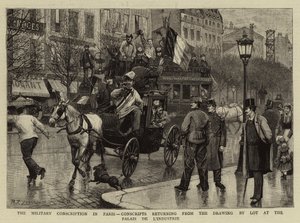 Asevelvollisuus Pariisissa, varusmiehet palaamassa Piirustuskilpailusta Palais de L