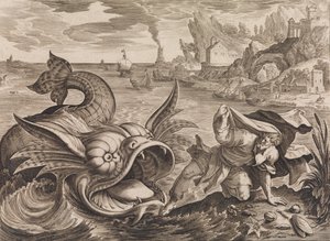 Jonah heittää rannalle kalan luona, n. 1585