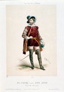 Laulaja Jean-Baptiste (Jean Baptiste) Faure (1830-1914) esittää Don Giovannin (Don Juan) Wolfgang Amadeus Mozartin (1756-1791) samannimisessä oopperassa esityksen aikana Pariisin oopperateatterissa. Antony Morlonin litografia (1834-1914) Colle