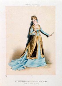 Laulaja Pauline Lauters-Gueymard (Lauters Gueymard) (1834-1876) esittää Dona Elviren Wolfgang Amadeus Mozartin oopperassa Don Giovanni (Don Juan) (1756-1791) esityksen aikana Pariisin oopperateatterissa. Antony Morlonin litografia (1834-1914) Yksityinen