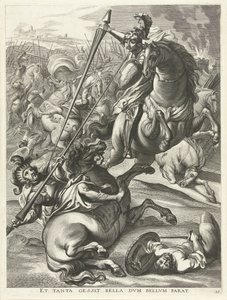 Akhilleus kukistaa Telephoksen; Ferdinandin saapuminen Gentiin vuonna 1635 Et tanta gessit bella dvm bellvm parat (otsikko esineessä) tekijältä Antony van der Does