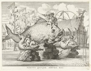 Näytelmä Tritonin kanssa jättimäisellä kalalla; Ferdinandin saapuminen Gentiin vuonna 1635 Pontvs Qvoqve servetti illi (otsikko esineessä) tekijältä Antony van der Does