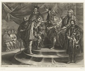 Troonsafsand van Karel V; intocht van Ferdinand te Gent vuonna 1635 (blad 25) Charles riisui itsensä valtakunnasta ja imperiumista / Sinä olet nyt hänelle toinen / Philip II ottaa Valtakunnan isältään (otsikko esineessä) tekijältä Antony van der Does