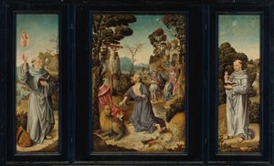 Triptyykki: Kohtauksia St. Jerom, St. Anthony Padovalainen, St. Bernard Clairvaux tekijältä Antwerp School c. 1525-3